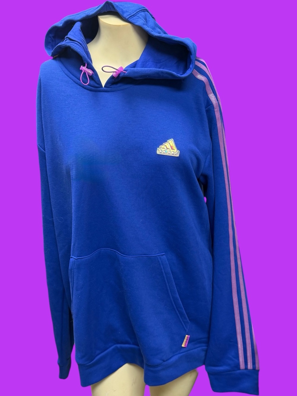 Adidas hoodie women’s Large Royal Blue Metallic Magenta Holographic Logo New